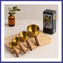 Bezos 4'lü Ölçü Kaşık Seti (250/125/80/60 Ml) - Gold Metal Ahşap Saplı Mrl