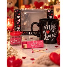 Romantik Hediye Seti Siyah My Love Kupa Bardak, Mum ve Kibrit Kutusu