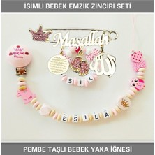 Tr Isimli Bebek Emzik Zinciri Seti ve Pembe Taşlı Bebek Yaka Iğnesi