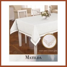 Bezos 155X300 cm Matilda Krem-Altın Model Keten Masa Örtüsü Zarif Yemek Masası Dekoru Pro