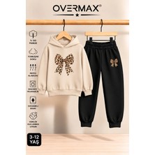Overmax Leopar Desenli Kurdele Baskılı Çocuk Kapüşonlu Sweatshirt Eşofman Takımı- 3-12 Yaş