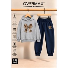 Overmax Leopar Desenli Kurdele Baskılı Çocuk Kapüşonlu Sweatshirt Eşofman Takımı- 3-12 Yaş