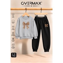 Overmax Leopar Desenli Kurdele Baskılı Çocuk Bisiklet Yaka Sweatshirt Eşofman Takımı- 3-12 Yaş