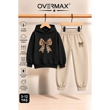 Overmax Leopar Desenli Kurdele Baskılı Çocuk Kapüşonlu Sweatshirt Eşofman Takımı- 3-12 Yaş