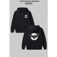 Zoka Wear Karga Ay Siyah Karga Baskılı Fermuarlı Kapşonlu Hırka