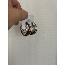 The Mat Design Gümüş Renk Parlak Bombeli Halka Küpe 4 cm Hacimli Halka Küpe