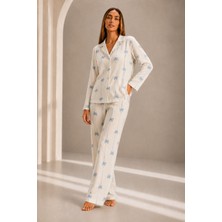 Fit Women Kadın Önden Düğmeli Uzun Kollu Alt Üst Beyaz Pijama Takımı