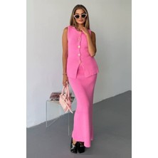 Kechi Woman Gold Aksesuarlı Etekli Triko Takım — Pembe