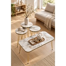 Odera Çift Efes Beyaz Mermer Desenli Elips Orta Sehpa ve Yuvarlak Zigon Sehpa 4'lü Set Tel Metal Ayaklı Retro Modern Salon Sehpası