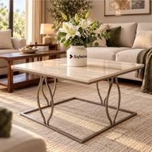 Sofmina Modern Kare Orta Sehpa Mermer Desenli Dalgalı Metal Ayaklı Salon ve Oturma Odası Sehpası