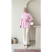 Miraydin Butik Kadın Belden Bağlamalı Ekose Detaylı Uzun Tunik - Pembe