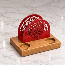 Iroko Ağacı ve Metalden Yapılmış, Tuz ve Biber Bölmeli Peçete Tutucu, Masa Üstü Yemek Düzenleyici