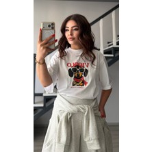 Elisin Beyaz Dog Baskılı Oversize Tshirt