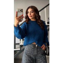 Elisin Saks Mavi Selanik Örgü Yumoş Kazak