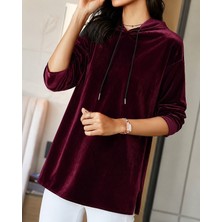 Moda Şehri Kadın Uzun Kollu Kapşonlu Bağcıklı Kadife Uzun Bluz