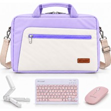 Microcase Honor Pad X8B 11 Inch ile Uyumlu 4in1 Set Tablet Çanta + Bluetooth Klavye + Mouse + Tablet Standı Taşıma Çantası Krem Lila - Pembe AL5923