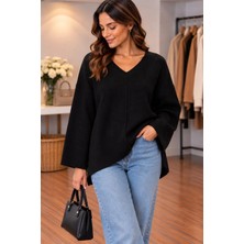 Mare Butik Siyah V Yaka Oversize Geniş Kol Triko Kazak