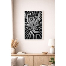 Siyah Beyaz Geometrik Labirent 3D Derinlik Efektli Optik Illüzyon Modern Dekoratif Duvar Tablosu (Çerçeve Seçenekli)