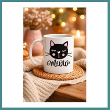 Bezos Sevimli Kedi Desenli Porselen Kupa Model 63 – “meow” Yazılı Kahve & Çay Keyfi Için Tatlı Tasarım Mac