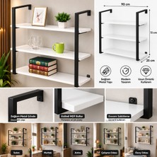 Mak Design 3 Katlı Metal Ahşap Duvar Rafı 90X72X25 cm Siyah Beyaz