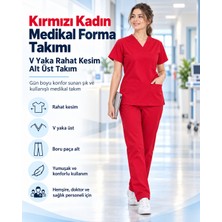 RKM Ticaret Kadın Kırmızı Medikal Scrub Forma Takımı V Yaka Rahat Kesim Boru Paça Hemşire Doktor Alt Üst Takım