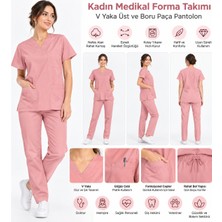 RKM Ticaret Kadın Pudra Pembe Doktor ve Hemşire Forması – V Yaka Rahat Kesim Cerrahi Takım, Boru Paça Alt Üst