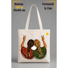 Zerya Saçı Örgülü Iki Kadın Tasarımlı Iç Cepli 320 gr Kanvas Bez Çanta | %100 Pamuk