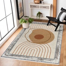 Hali.Net Krem Taba Geometrik Desenli Modern Salon Halısı Dijital Baskı Kaymaz Tabanlı