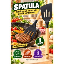 Open Home Concept Ahşap Saplı Siyah Silikon Spatula 31 cm Delikli Tava Yemek Çevirici Krep Pankek Servis Mutfak Gereci