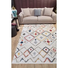 Hali.Net Krem Geometrik Desenli Salon Halısı Dijital Baskı Kaymaz Tabanlı Modern Stil