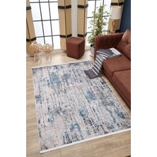 Hali.Net Krem Mavi Eskitme Halı Modern Soyut Desenli Kaymaz Tabanlı Salon Halısı