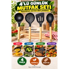 Open Home Concept 4’lü Ahşap Saplı Siyah Silikon Mutfak Seti 31CM Kepçe Kevgir Spatula Servis Kaşığı Pişirme ve Servis