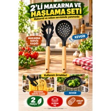 Open Home Concept 2’li Ahşap Saplı Siyah Silikon Makarna Servis Kaşığı ve Kevgir 31 cm Spagetti ve Haşlama Mutfak Seti