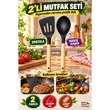 Open Home Concept 2’li Ahşap Saplı Siyah Silikon Spatula Servis Kaşığı Seti 31 cm Yemek Çevirme Karıştırma Mutfak Seti