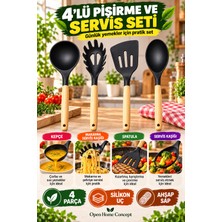 Open Home Concept 4’lü Ahşap Saplı Siyah Silikon Mutfak Gereçleri 31CM Kepçe Makarna Kaşığı Spatula Servis Kaşığı Seti
