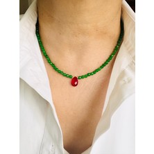 Devi Fashion Yeşil Akik Doğal Taş Ve Kırmızı Su Damlası Uçlu Kolye