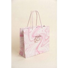 Nzm Store Made With Love Baskılı Pembe Mermer Desenli Karton Hediye Çantası