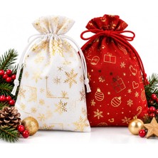 Nzm Store 2’li Set 17X23 cm Yılbaşı Hediye Kesesi – Kırmızı & Beyaz Altın Yaldızlı Noel Temalı Kumaş Çanta | Yılbaşı Hediye Paketi Kesesi
