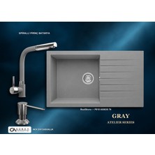 Güney Ankastre Realstone Gri Atelier Evye Batarya Seti - Assos 76 Xl P010 76X43,5 cm + Spiralli Pirinç Batarya + Inox Sıvı Sabunluk