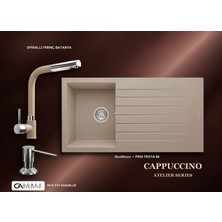 Güney Ankastre Realstone Cappuccino Atelier Evye Batarya Seti - Troya 86 P004 86X50 cm + Spiralli Pirinç Batarya + Inox Sıvı Sabunluk