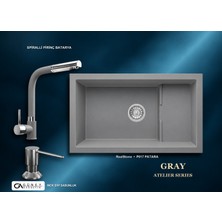 Güney Ankastre Realstone Gri Atelier Evye Batarya Seti - Patara P017 77X46 cm + Spiralli Pirinç Batarya + Inox Sıvı Sabunluk