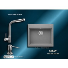 Güney Ankastre Realstone Gri Atelier Evye Batarya Seti - Didyma 60 K002 60X53 cm + Spiralli Pirinç Batarya + Inox Sıvı Sabunluk
