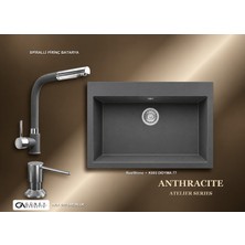 Güney Ankastre Realstone Antrasit Atelier Evye Batarya Seti - Didyma 77 K003 77X53 cm + Spiralli Pirinç Batarya + Inox Sıvı Sabunluk