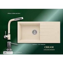 Güney Ankastre Realstone Krem Atelier Evye Batarya Seti - Assos 86 Xl P011 86X43,5 cm + Spiralli Pirinç Batarya + Inox Sıvı Sabunluk