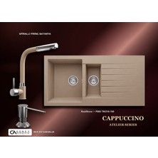 Güney Ankastre Realstone Cappuccino Atelier Evye Batarya Seti - Troya 100 P005 100X50 cm + Spiralli Pirinç Batarya + Inox Sıvı Sabunluk
