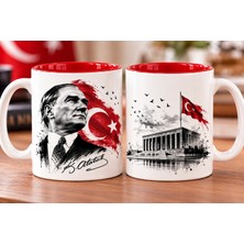 Atatürk Anıtkabir Temalı Içi Kırmızı Kupa Bardak Türk Bayraklı Çift Taraflı Özel Tasarım Hediye