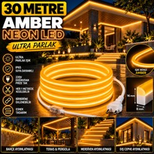Borsan 30 Metre 220V Amber Neon LED 8X16 mm Ultra Parlak IP65 Suya Dayanıklı Fişli Tak Çalıştır Montaj Aparatları Dahil Iç Dış Mekan Bahçe Cephe Aydınlatma