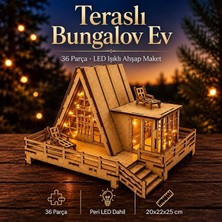 Wood Design Teraslı Bungalov Ev 3D Ahşap Maket | LED Işıklı Dekoratif Minyatür Ev Puzzle | 36 Parça Dıy Yapboz | Zorluk Seviyesi 2 | 20X22X25 cm