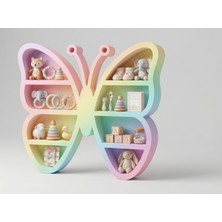 Ude Desing 3D 3D Baskı Pastel Renkli Çok Bölmeli Çocuk Odası Kelebekli Duvar Rafı - Bebek Odası Dekoratif Kitaplık ve Oyuncak Düzenleyici