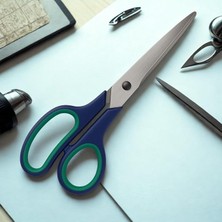 Makas 21.5 cm Paslanmaz Çelik Büyük Ofis Makası – Ergonomik Kauçuk Saplı, Yeşil-Lacivert Renkli, Ev & Büro Tipi Makas